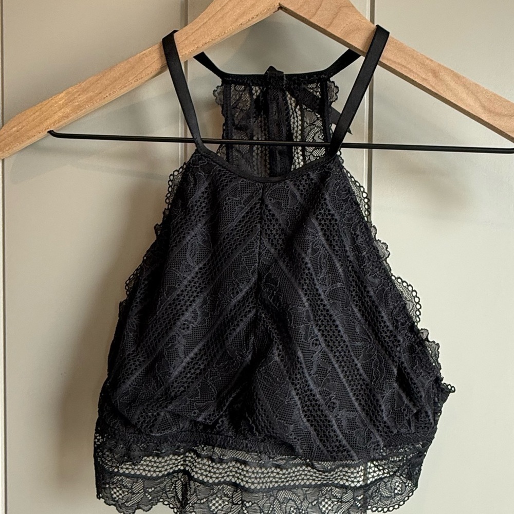 Aerie Black Lace High Neck Racerback Bralette Small S Eyelet Floral Boho